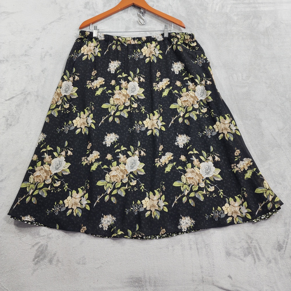 Vintage White Stag Skirt Womens L Black Floral A-Line Midi Pull On Reversible